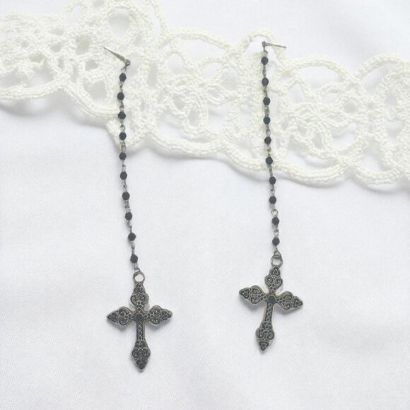 Gota Long Dangle Cross Earrings W/ Black Beaded Chain & Intricate Silver Design - Picture 2 of 7